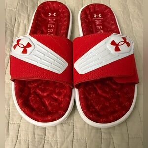 Under Armour Slides | Red/White Athletic Sandals | Big Kids Men Size 7